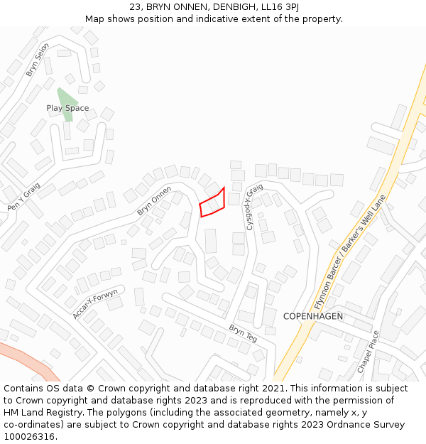 23, BRYN ONNEN, DENBIGH, LL16 3PJ: Location map and indicative extent of plot