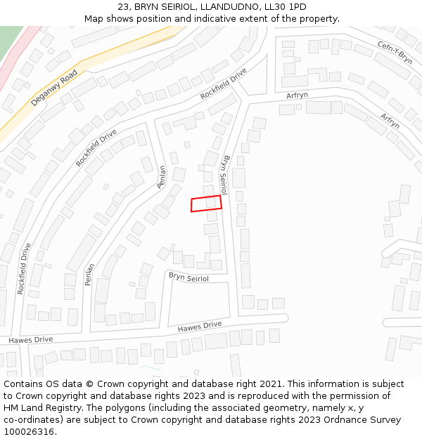 23, BRYN SEIRIOL, LLANDUDNO, LL30 1PD: Location map and indicative extent of plot