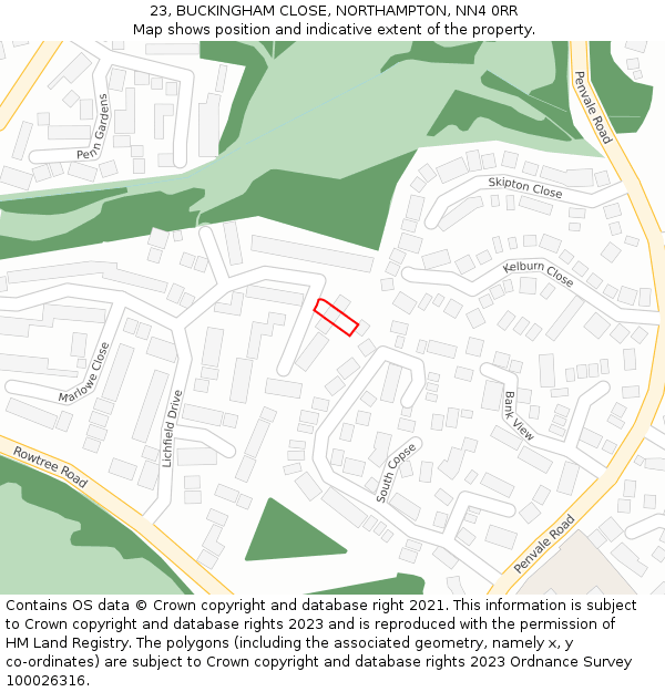 23, BUCKINGHAM CLOSE, NORTHAMPTON, NN4 0RR: Location map and indicative extent of plot