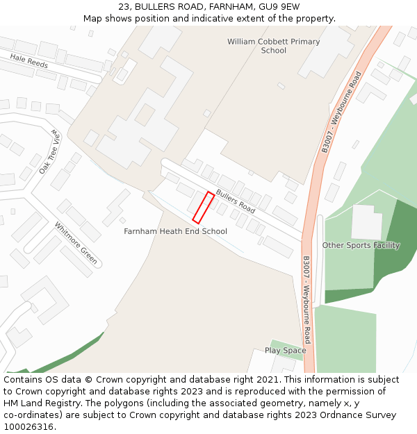 23, BULLERS ROAD, FARNHAM, GU9 9EW: Location map and indicative extent of plot