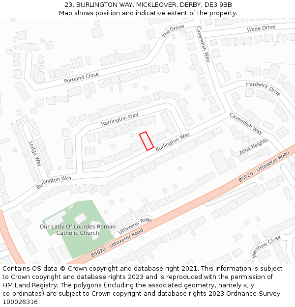 23, BURLINGTON WAY, MICKLEOVER, DERBY, DE3 9BB: Location map and indicative extent of plot