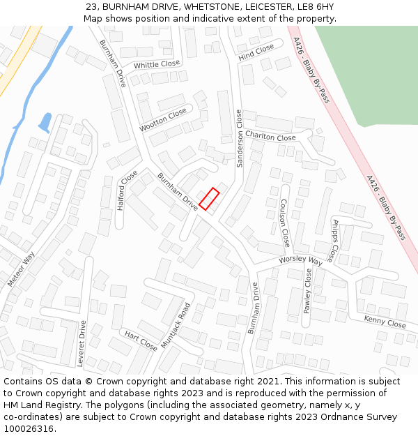 23, BURNHAM DRIVE, WHETSTONE, LEICESTER, LE8 6HY: Location map and indicative extent of plot