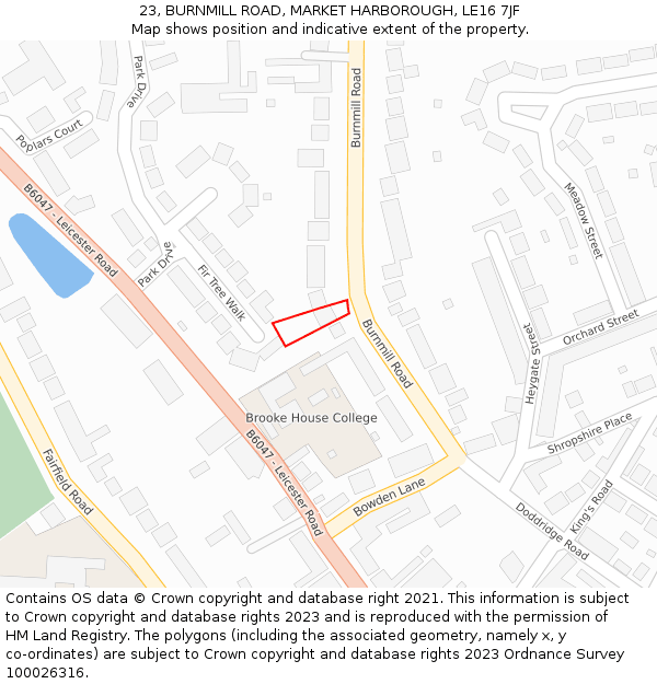 23, BURNMILL ROAD, MARKET HARBOROUGH, LE16 7JF: Location map and indicative extent of plot