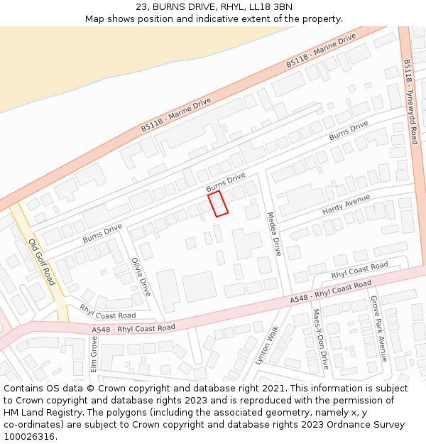 23, BURNS DRIVE, RHYL, LL18 3BN: Location map and indicative extent of plot