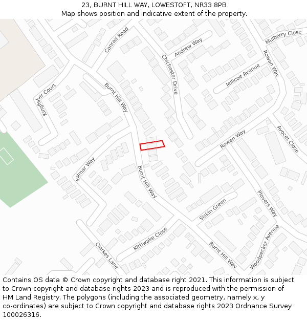 23, BURNT HILL WAY, LOWESTOFT, NR33 8PB: Location map and indicative extent of plot