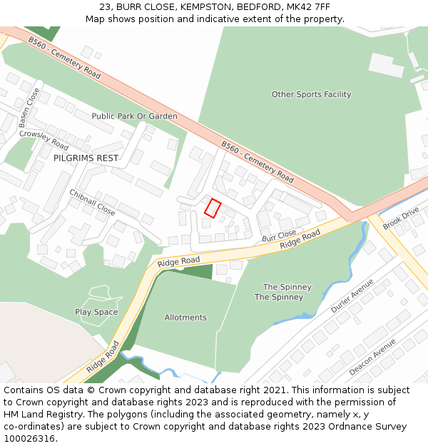 23, BURR CLOSE, KEMPSTON, BEDFORD, MK42 7FF: Location map and indicative extent of plot