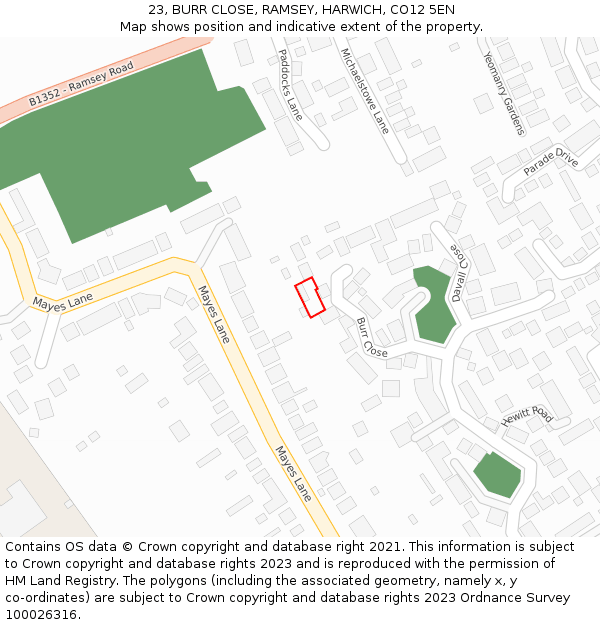 23, BURR CLOSE, RAMSEY, HARWICH, CO12 5EN: Location map and indicative extent of plot