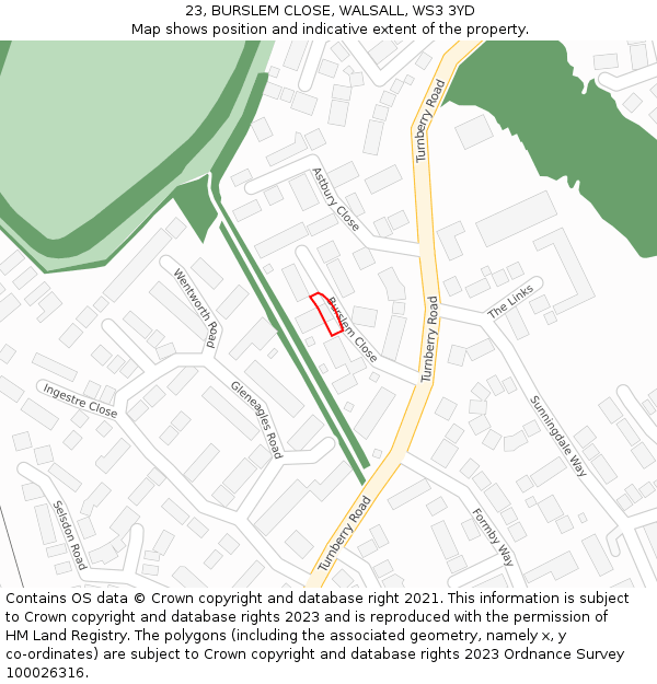 23, BURSLEM CLOSE, WALSALL, WS3 3YD: Location map and indicative extent of plot