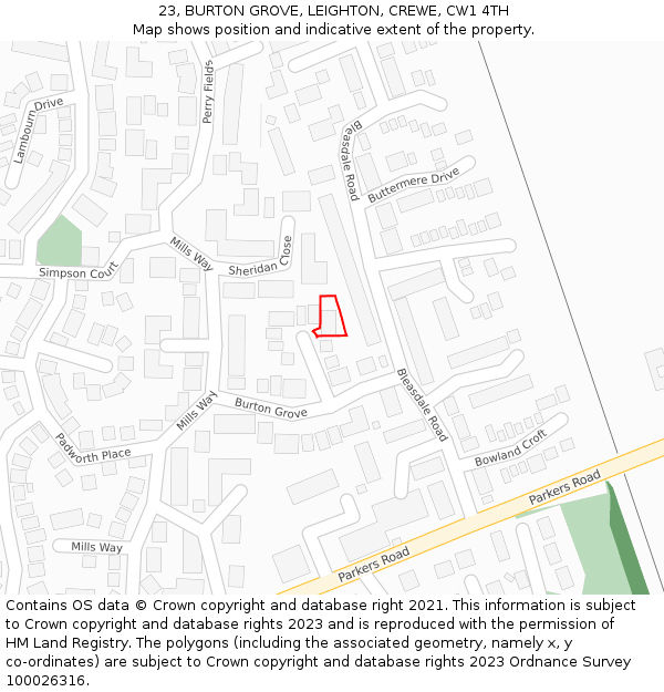 23, BURTON GROVE, LEIGHTON, CREWE, CW1 4TH: Location map and indicative extent of plot