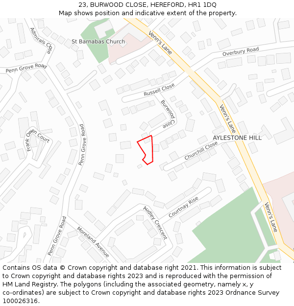 23, BURWOOD CLOSE, HEREFORD, HR1 1DQ: Location map and indicative extent of plot