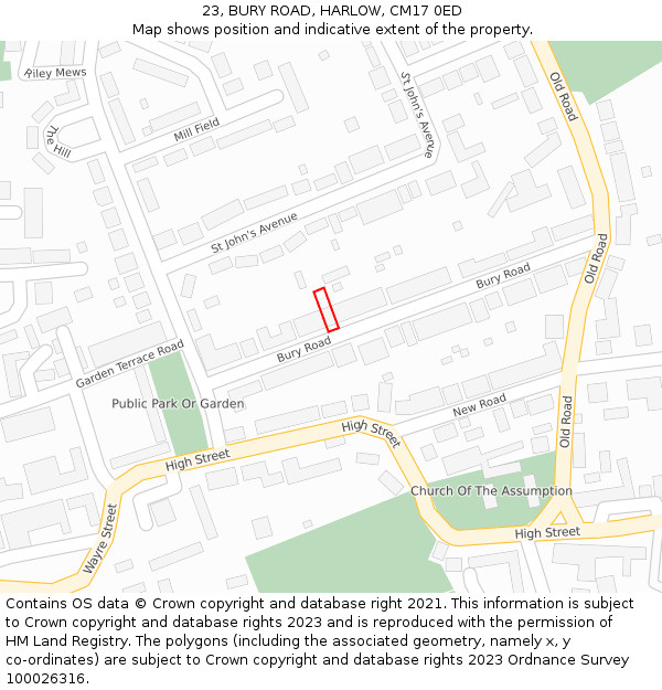 23, BURY ROAD, HARLOW, CM17 0ED: Location map and indicative extent of plot