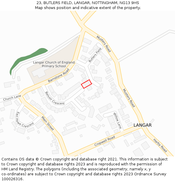 23, BUTLERS FIELD, LANGAR, NOTTINGHAM, NG13 9HS: Location map and indicative extent of plot