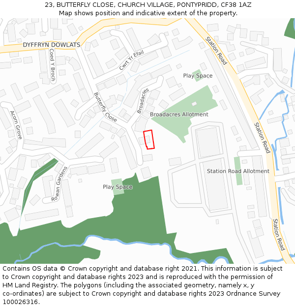 23, BUTTERFLY CLOSE, CHURCH VILLAGE, PONTYPRIDD, CF38 1AZ: Location map and indicative extent of plot