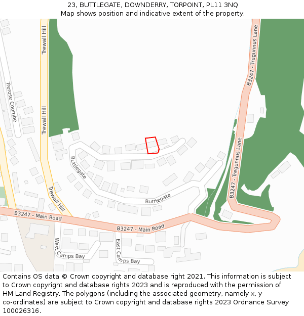 23, BUTTLEGATE, DOWNDERRY, TORPOINT, PL11 3NQ: Location map and indicative extent of plot