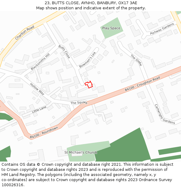 23, BUTTS CLOSE, AYNHO, BANBURY, OX17 3AE: Location map and indicative extent of plot