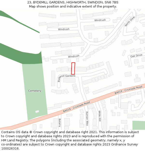 23, BYDEMILL GARDENS, HIGHWORTH, SWINDON, SN6 7BS: Location map and indicative extent of plot