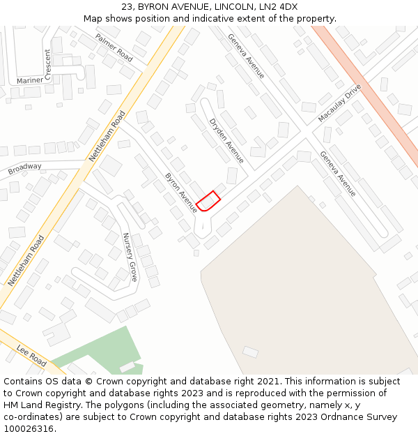 23, BYRON AVENUE, LINCOLN, LN2 4DX: Location map and indicative extent of plot