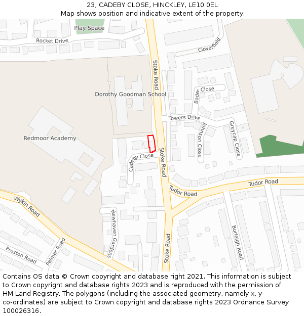 23, CADEBY CLOSE, HINCKLEY, LE10 0EL: Location map and indicative extent of plot