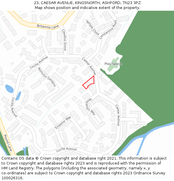 23, CAESAR AVENUE, KINGSNORTH, ASHFORD, TN23 3PZ: Location map and indicative extent of plot