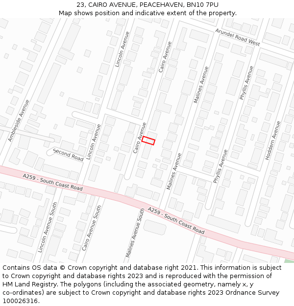 23, CAIRO AVENUE, PEACEHAVEN, BN10 7PU: Location map and indicative extent of plot