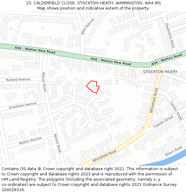 23, CALDERFIELD CLOSE, STOCKTON HEATH, WARRINGTON, WA4 6PJ: Location map and indicative extent of plot