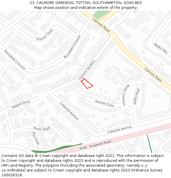 23, CALMORE GARDENS, TOTTON, SOUTHAMPTON, SO40 8ES: Location map and indicative extent of plot