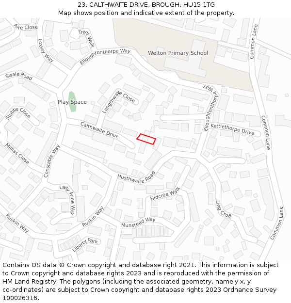 23, CALTHWAITE DRIVE, BROUGH, HU15 1TG: Location map and indicative extent of plot