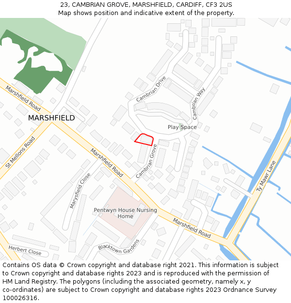 23, CAMBRIAN GROVE, MARSHFIELD, CARDIFF, CF3 2US: Location map and indicative extent of plot