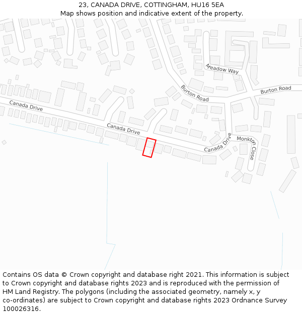 23, CANADA DRIVE, COTTINGHAM, HU16 5EA: Location map and indicative extent of plot