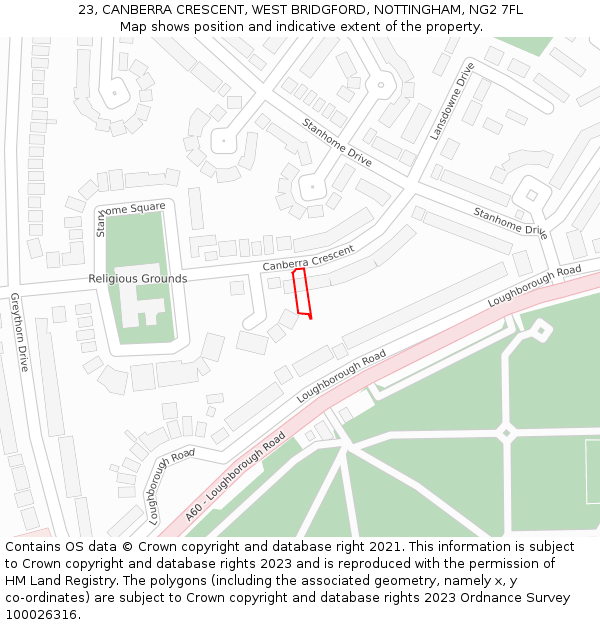 23, CANBERRA CRESCENT, WEST BRIDGFORD, NOTTINGHAM, NG2 7FL: Location map and indicative extent of plot