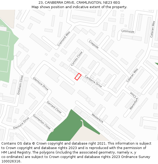 23, CANBERRA DRIVE, CRAMLINGTON, NE23 6EG: Location map and indicative extent of plot