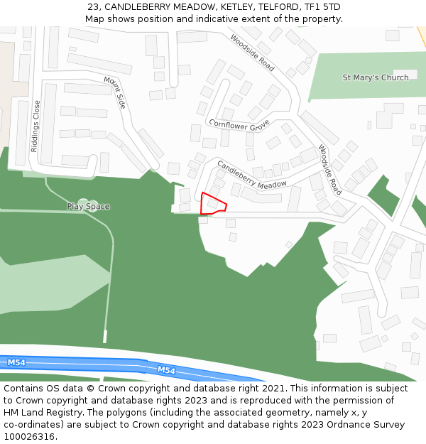 23, CANDLEBERRY MEADOW, KETLEY, TELFORD, TF1 5TD: Location map and indicative extent of plot