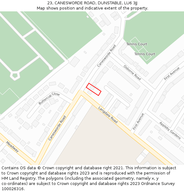 23, CANESWORDE ROAD, DUNSTABLE, LU6 3JJ: Location map and indicative extent of plot