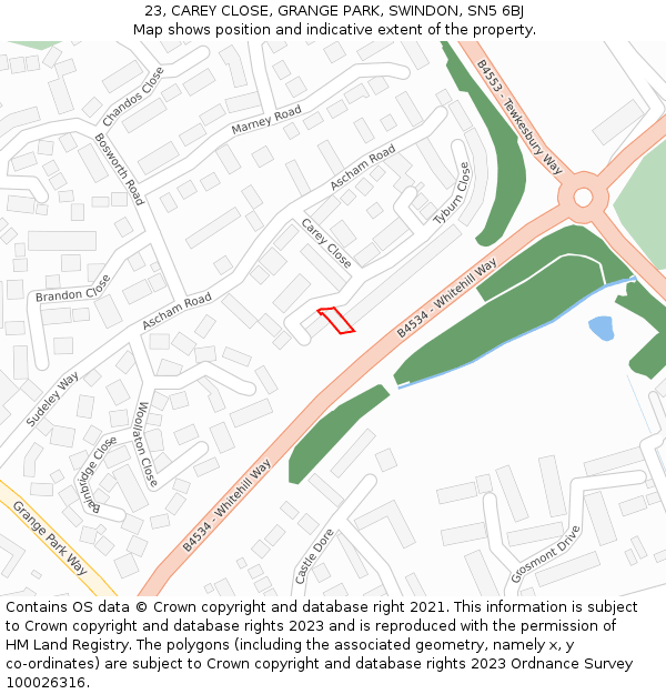 23, CAREY CLOSE, GRANGE PARK, SWINDON, SN5 6BJ: Location map and indicative extent of plot