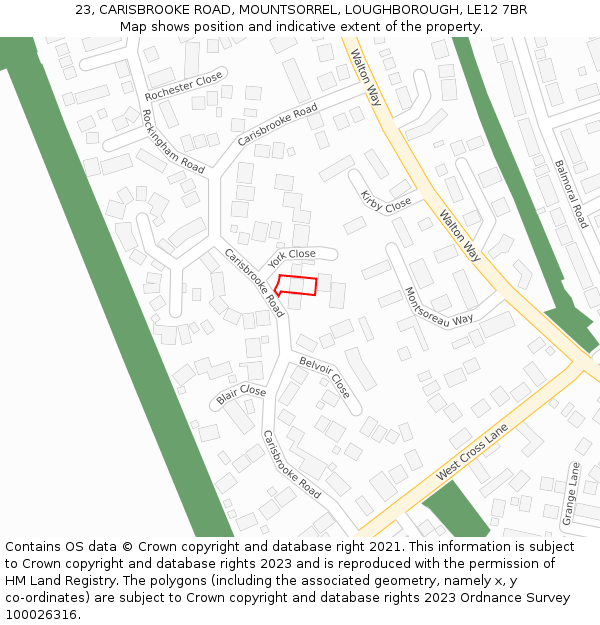 23, CARISBROOKE ROAD, MOUNTSORREL, LOUGHBOROUGH, LE12 7BR: Location map and indicative extent of plot