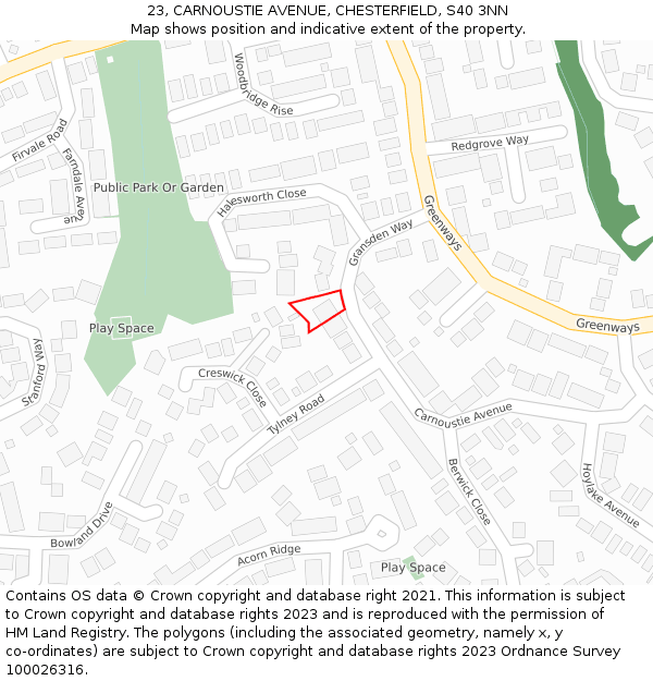 23, CARNOUSTIE AVENUE, CHESTERFIELD, S40 3NN: Location map and indicative extent of plot