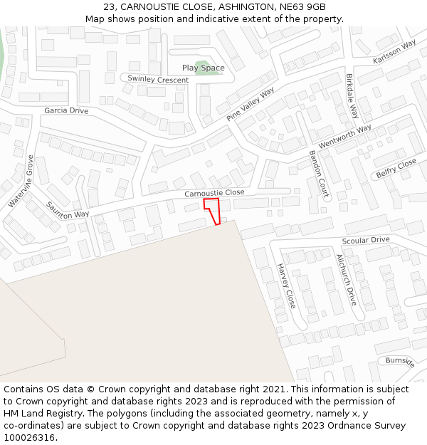 23, CARNOUSTIE CLOSE, ASHINGTON, NE63 9GB: Location map and indicative extent of plot