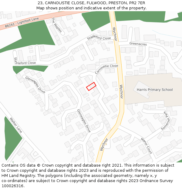 23, CARNOUSTIE CLOSE, FULWOOD, PRESTON, PR2 7ER: Location map and indicative extent of plot