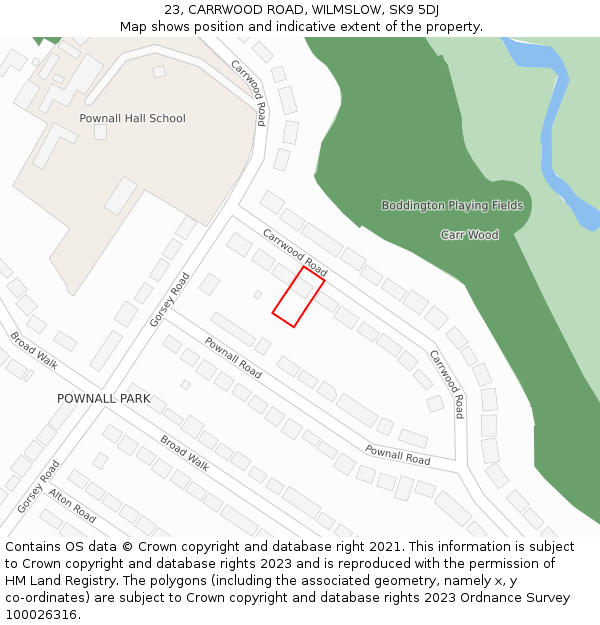 23, CARRWOOD ROAD, WILMSLOW, SK9 5DJ: Location map and indicative extent of plot
