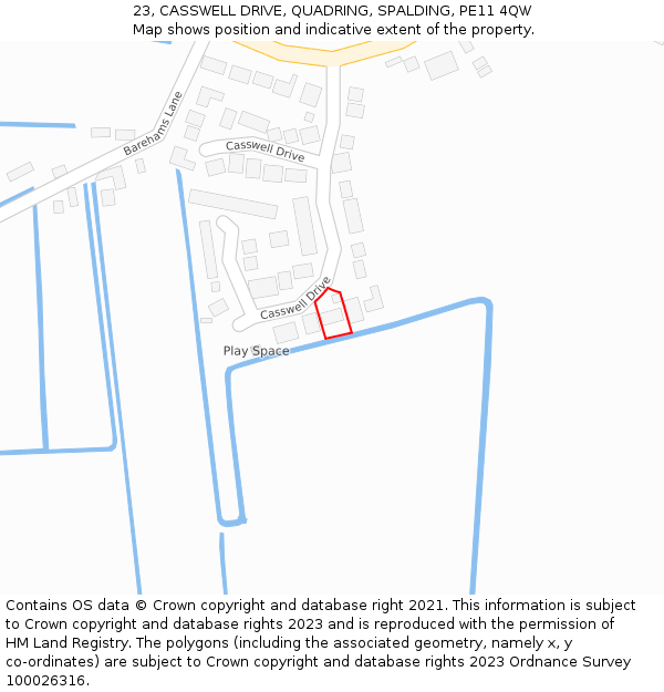 23, CASSWELL DRIVE, QUADRING, SPALDING, PE11 4QW: Location map and indicative extent of plot