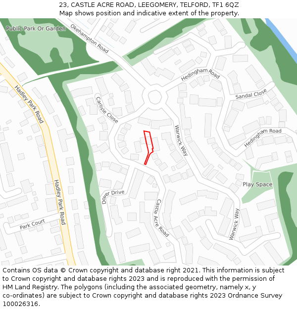 23, CASTLE ACRE ROAD, LEEGOMERY, TELFORD, TF1 6QZ: Location map and indicative extent of plot