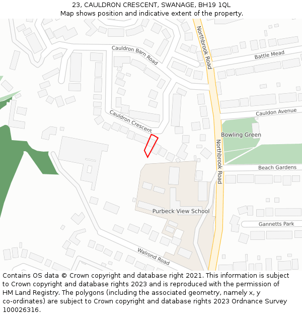 23, CAULDRON CRESCENT, SWANAGE, BH19 1QL: Location map and indicative extent of plot