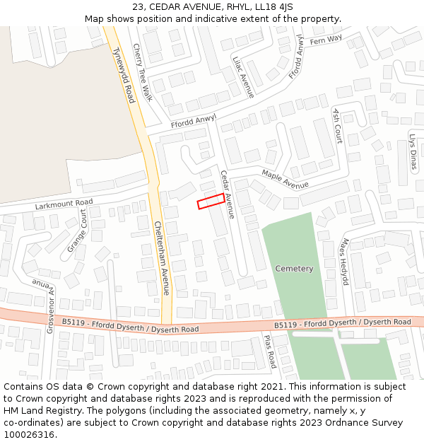 23, CEDAR AVENUE, RHYL, LL18 4JS: Location map and indicative extent of plot