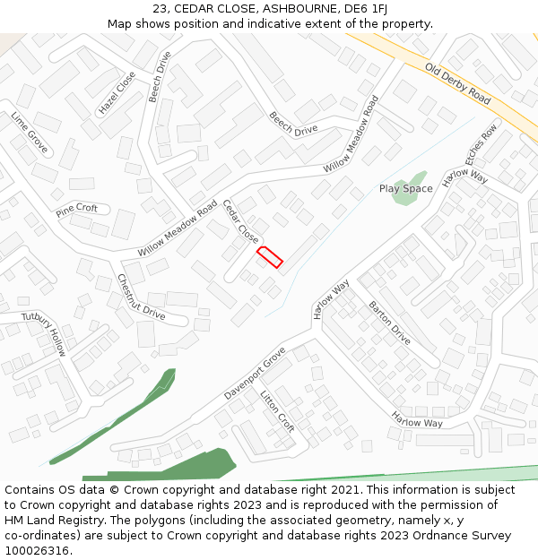 23, CEDAR CLOSE, ASHBOURNE, DE6 1FJ: Location map and indicative extent of plot