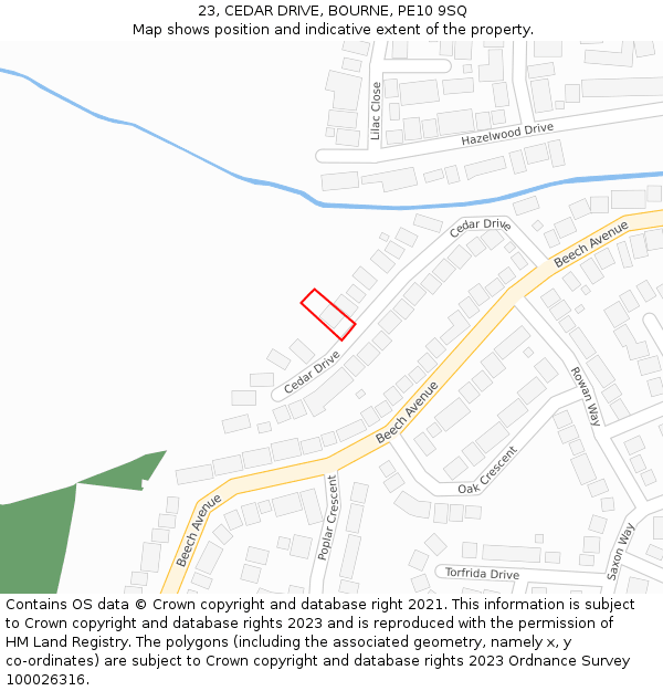 23, CEDAR DRIVE, BOURNE, PE10 9SQ: Location map and indicative extent of plot