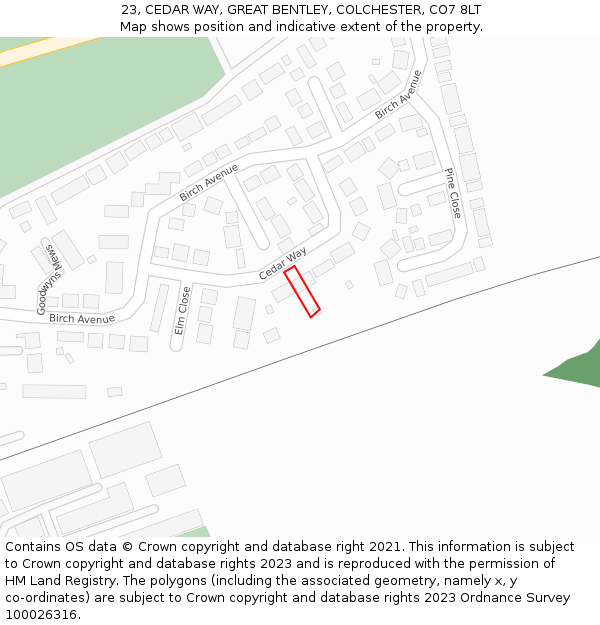 23, CEDAR WAY, GREAT BENTLEY, COLCHESTER, CO7 8LT: Location map and indicative extent of plot