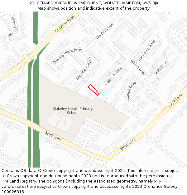 23, CEDARS AVENUE, WOMBOURNE, WOLVERHAMPTON, WV5 0JX: Location map and indicative extent of plot