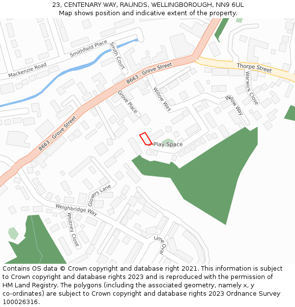 23, CENTENARY WAY, RAUNDS, WELLINGBOROUGH, NN9 6UL: Location map and indicative extent of plot