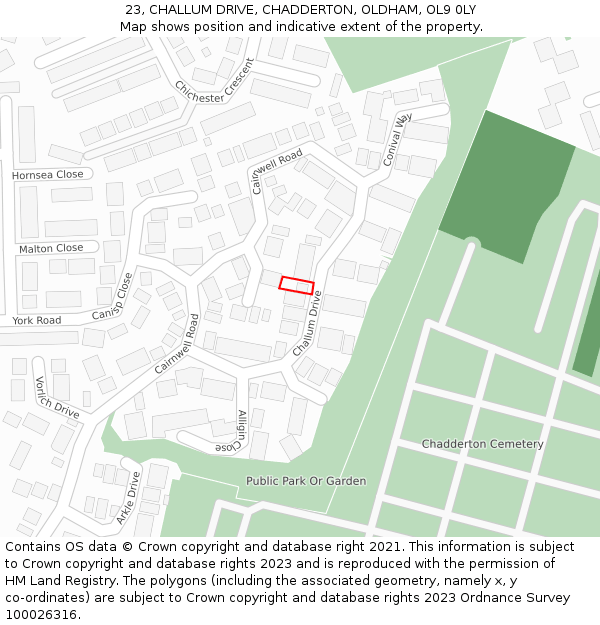 23, CHALLUM DRIVE, CHADDERTON, OLDHAM, OL9 0LY: Location map and indicative extent of plot