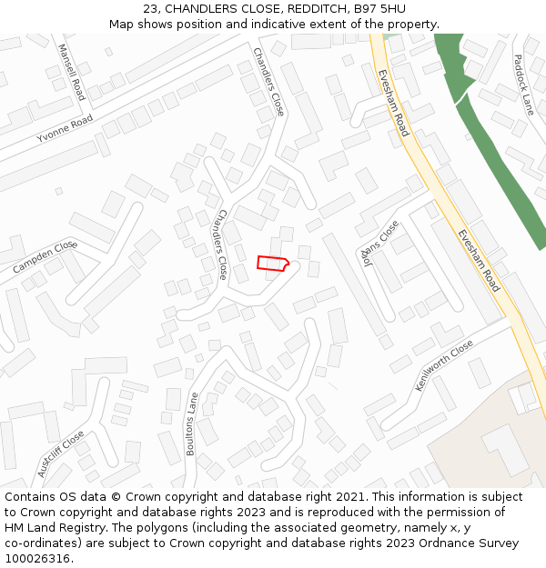 23, CHANDLERS CLOSE, REDDITCH, B97 5HU: Location map and indicative extent of plot